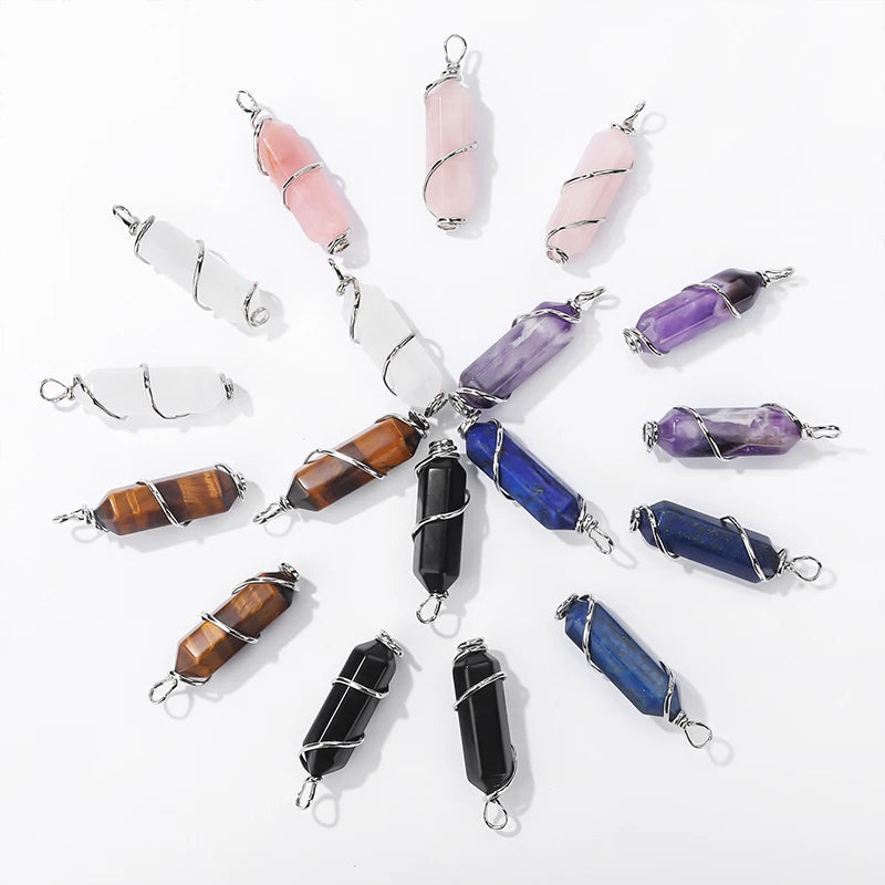 Natural Crystal Series-Hexagonal Column Quartz Pendant Hand-Wound Natural Stone for Children