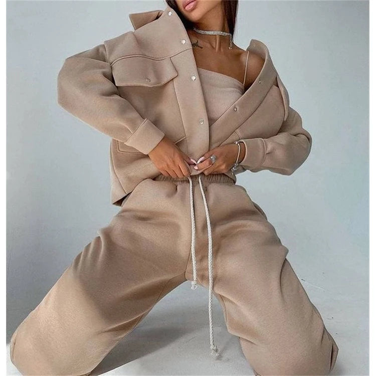 Wholesale Solid Women Jacket Top Casual Pants Set Long Sleeve Coat Pants Two Piece Women