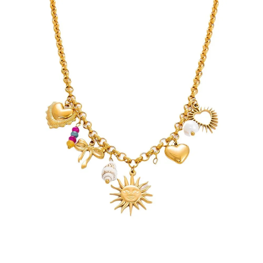New Arrival High Quality 18k Gold Stainless Steel Necklace Bracelet Fashion Evil Eye Sun Pearl Shell Pendant Necklace for Women