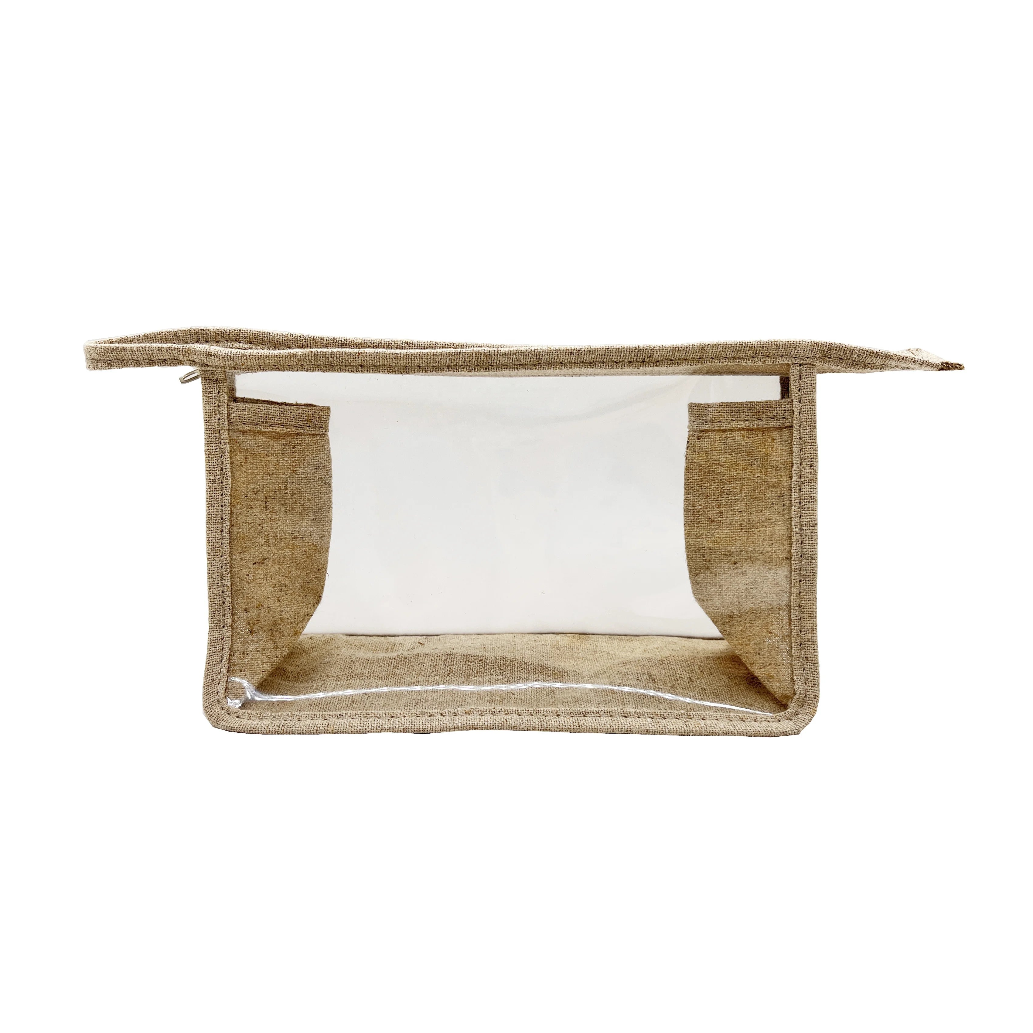 Custom Fashion clear Window Recycled EVA Packing Bag Cosmetics Zipper Bag Natural Jute Makeup Pouch
