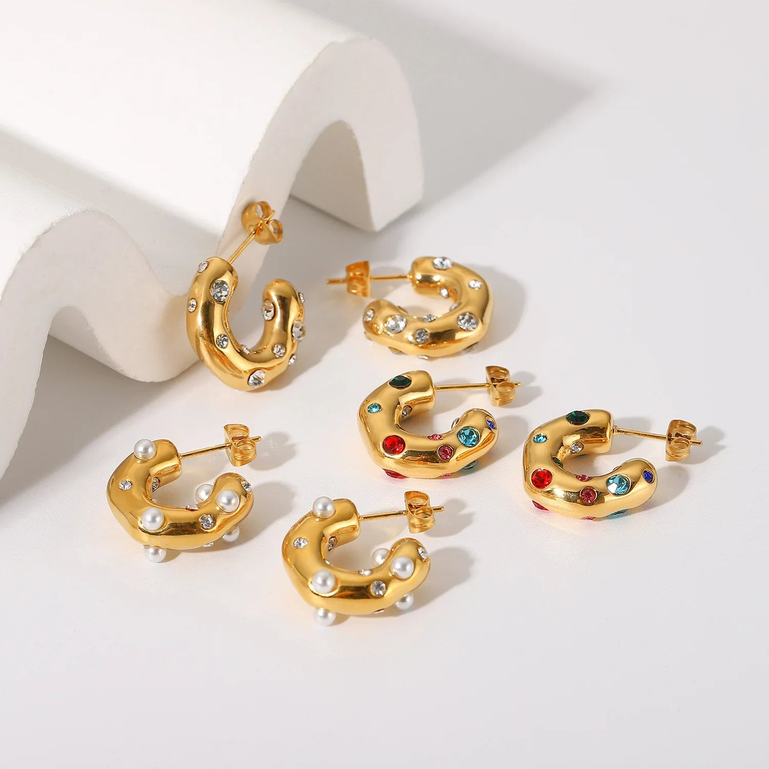 Wholesale Designer Inspired Earrings Popular Brands Pearl Colourful Zircon Inlay Stainless Steel C Earring