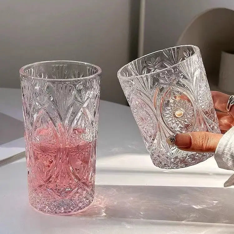 M Embossed Totem Engraved Niche Latte Coffee Cup Drinking Glass Sparkling Juice Cup for Home Use