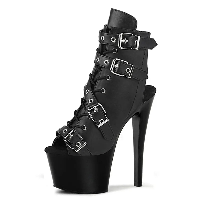 New black 17 cm pole dance model walk show leaky toe big size thin heel short boots Gothic Club platform fashion women's Boots