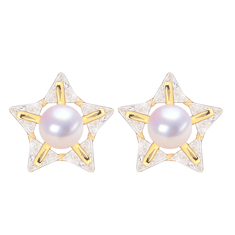 2024 Women's 100% Genuine Freshwater Pearl Stud Earrings AAA Zircon Star Design Wholesale Jewelry