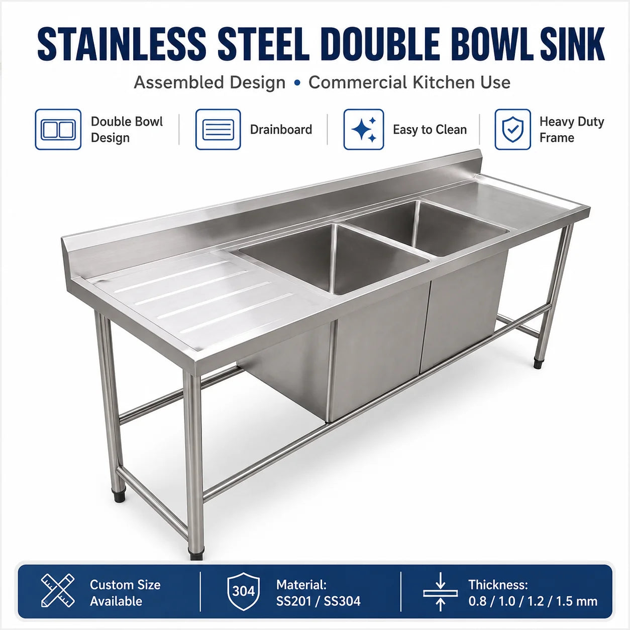 Commercial Stainless Steel 2 Compartment Sink Double Bowl Wash Table for Hotel Restaurant Kitchen Equipment