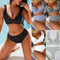 Wholesale Striped Swimwear Customized Solid Color Bikini High Waist V Neck Ruffle Bikini Swimwear