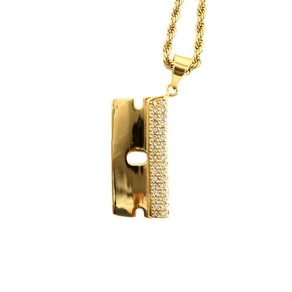 Hip Hop Style Double Side Razor Blade Pendant Necklace Gold Plated Stainless Steel with Zircon for Women Men Buddhism-Inspired