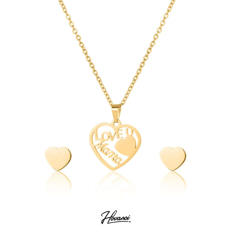 HOVANCI Mothers Day Jewelry Set Gift Stainless Steel LOVE U MAMA Triple Heart Pendant Jewelry Set