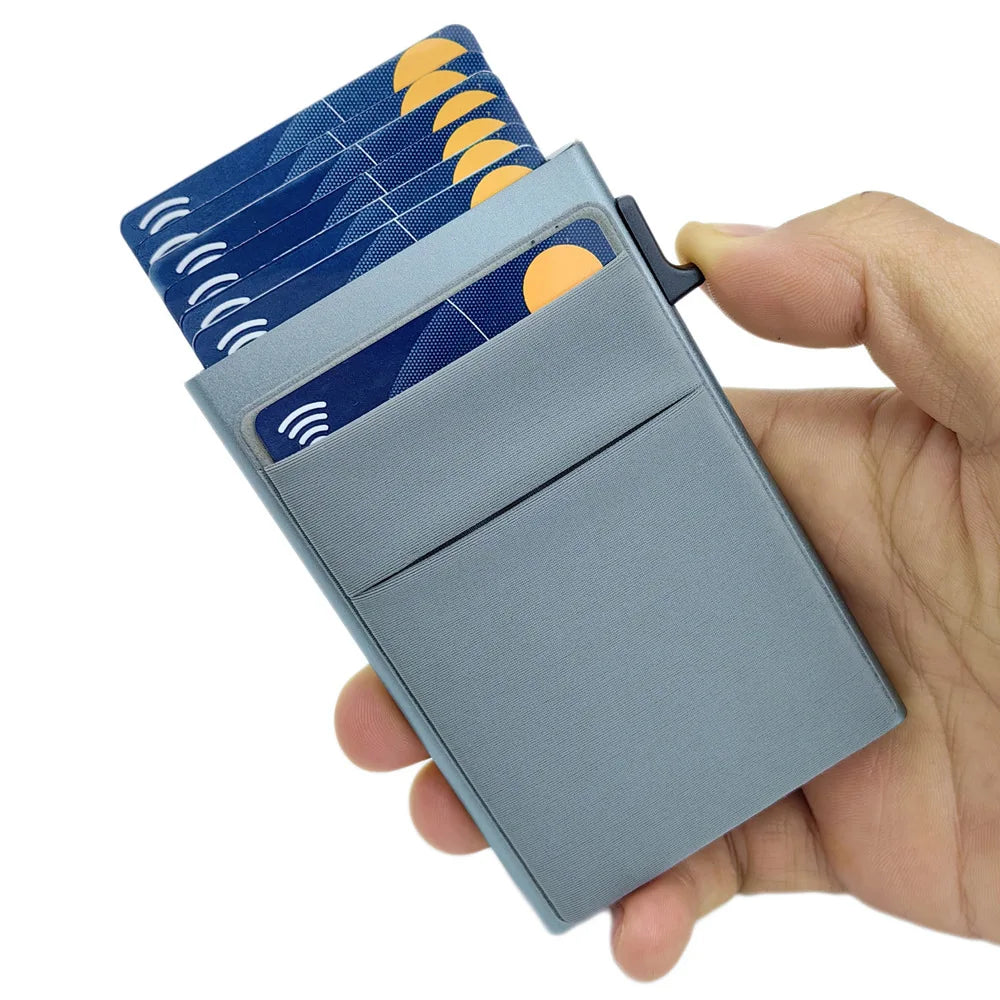 Custom Men's Gifts Aluminum Metallic Ultra-Thin Pop-out Card Holder Wallet with Money Pocket RFID Blocking Minimalist Wallet