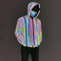 High Visibility Diamond Geometric Printed Iridescent Rainbow Reflective Stretch Knit Breathable Coat Jacket with Drawstring Hood