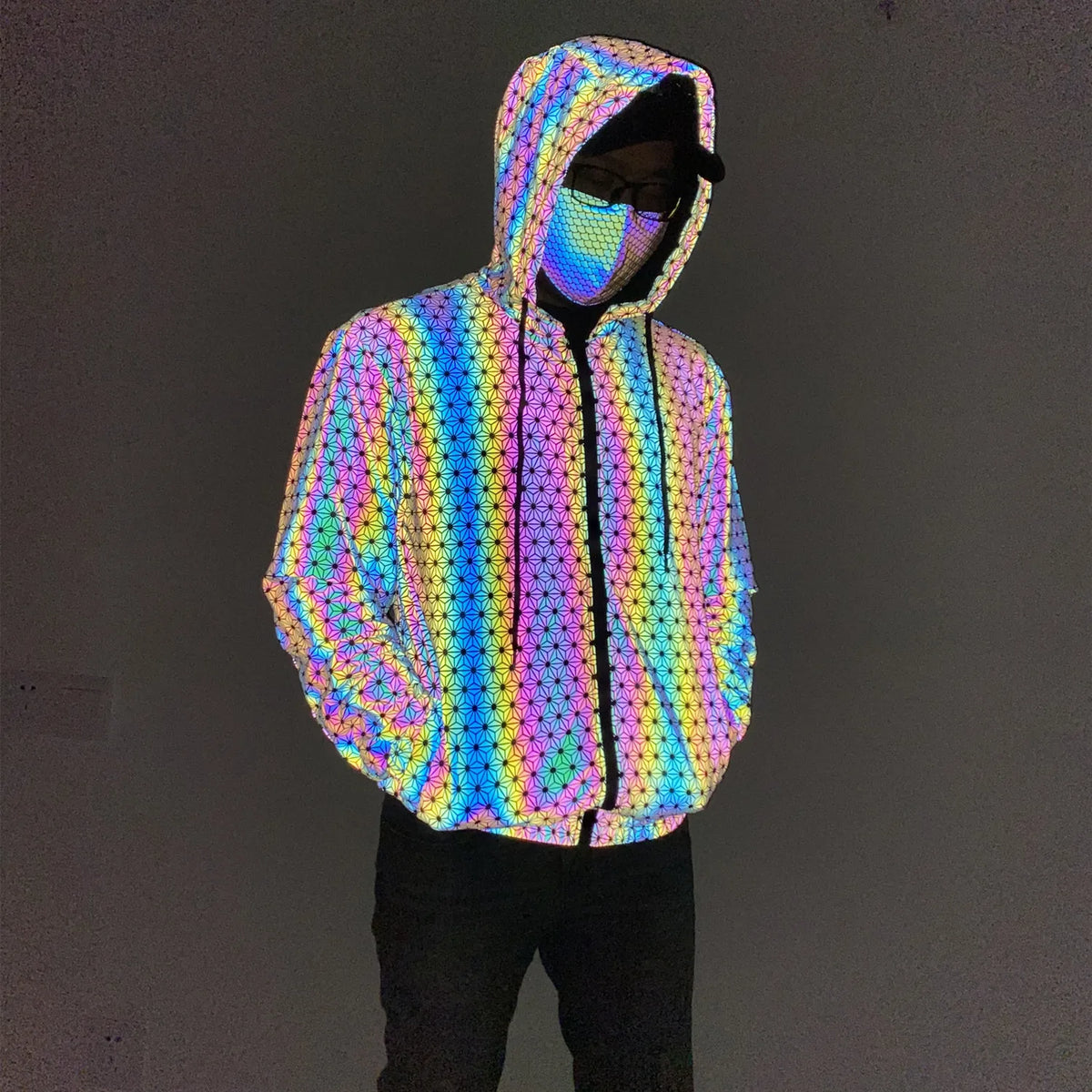 High Visibility Diamond Geometric Printed Iridescent Rainbow Reflective Stretch Knit Breathable Coat Jacket with Drawstring Hood