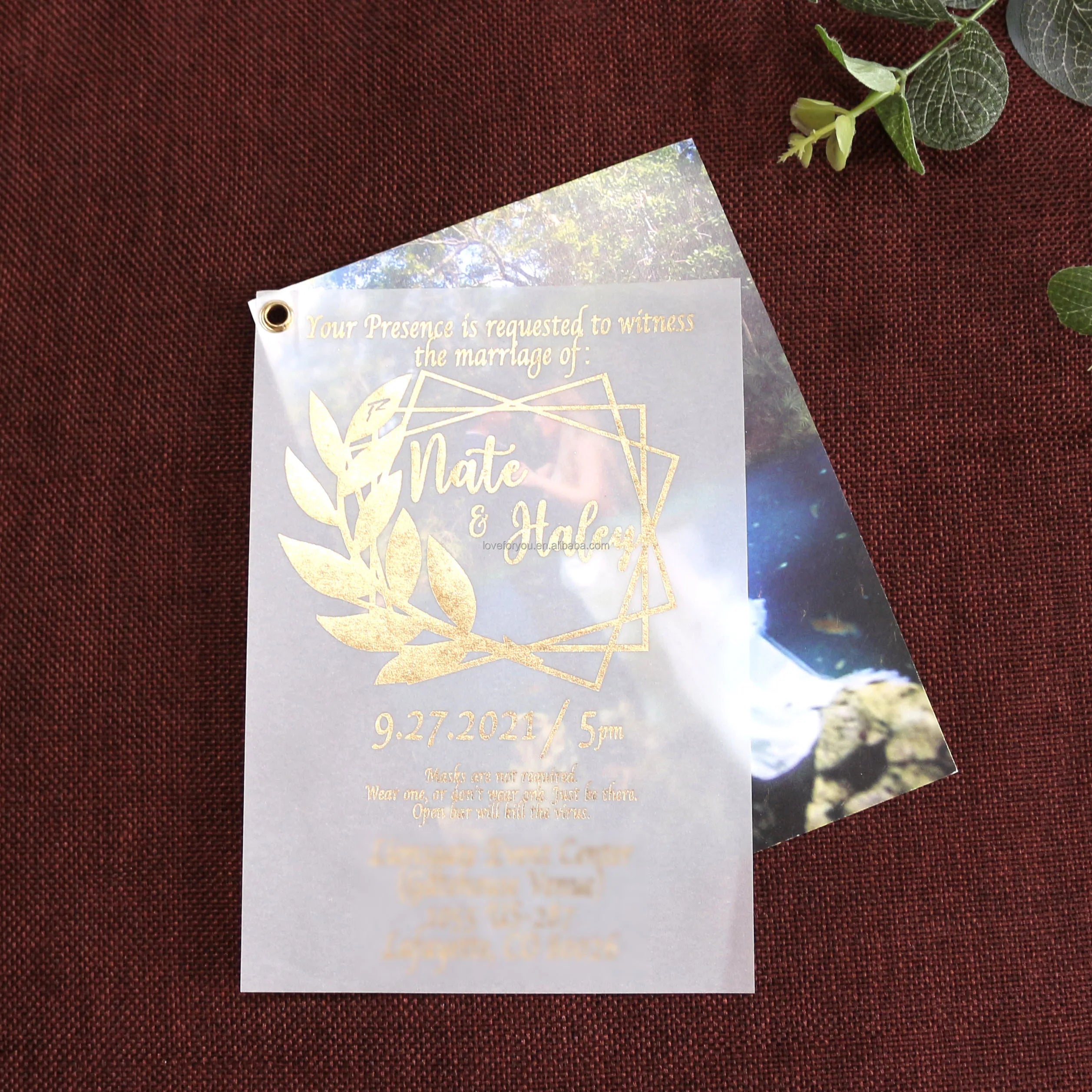 Gold Foiled Vellum Layered Wedding Invitations and Save the Dates with Photo