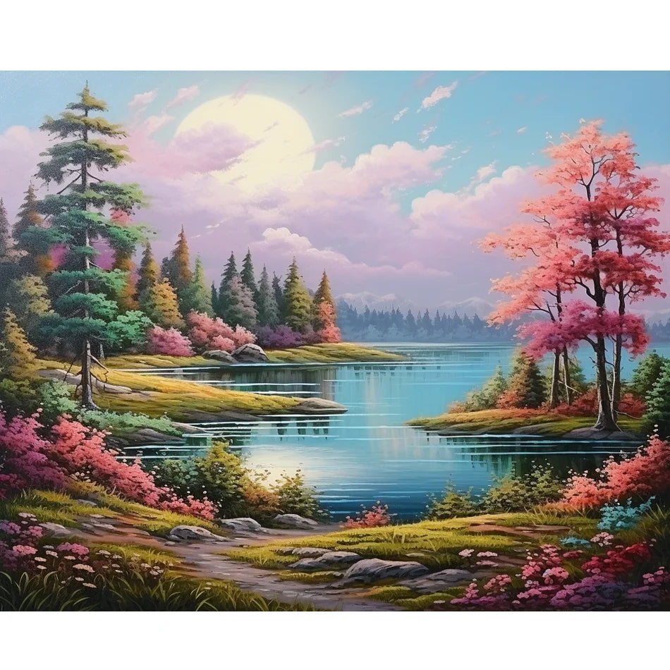 DIY Handpainted 5D Cross Stitch Decoration Full Diamond Embroidery Forest Lake Landscape 30x40cm/12x16inch for Home Decor