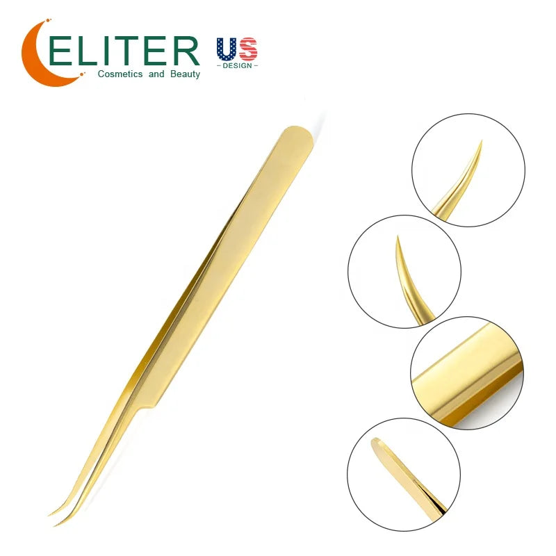 ELITER Hot Sell in Stock Eyelash J Tweezer Gold Plated Eyelash Tweezers Eyelash Isolation Tweezers