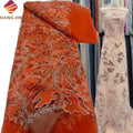Orange French Tulle Beaded Lace Fabric With Sequins 3D Embroidered Crystal Shiny Stones Lace Fabric for Bridal Wedding Dress