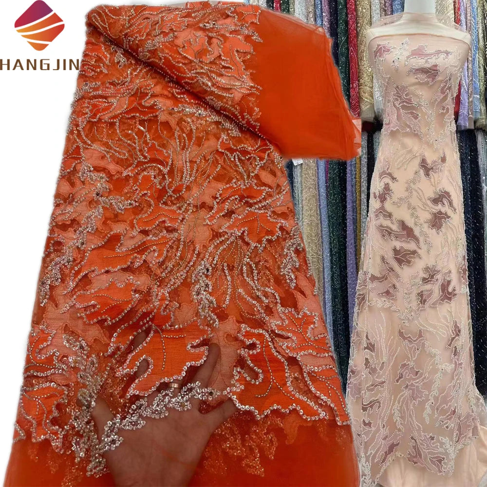Orange French Tulle Beaded Lace Fabric With Sequins 3D Embroidered Crystal Shiny Stones Lace Fabric for Bridal Wedding Dress