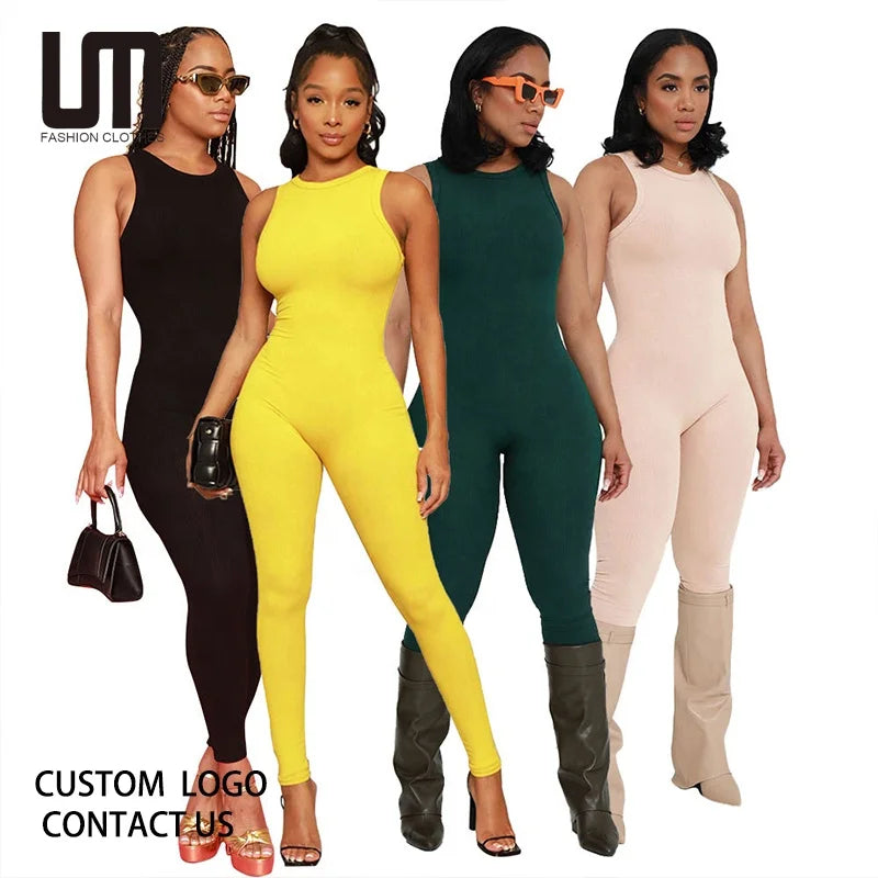 2025 Wholesale Custom Logo Women's Rib Knitted Jumpsuits Summer Sleeveless Romper Fitness Casual Solid Color Activewear