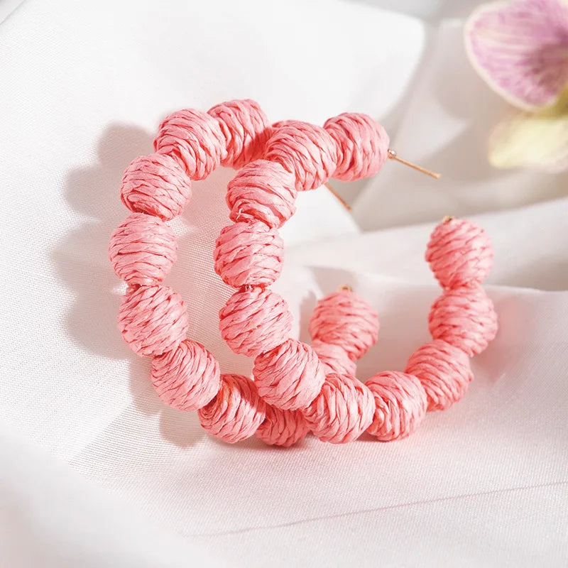 Wholesale Fashion Accessories Large Earrings Candy Colour Round Rattan Hand Woven Luxury Women Jewelry Earrings