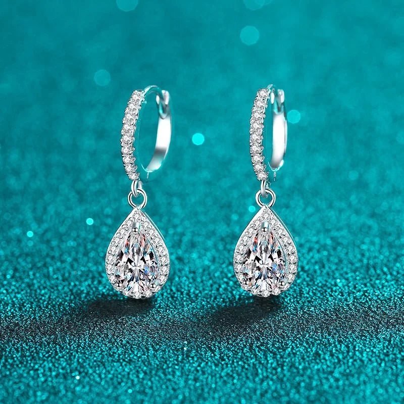 Wholesale Elegant Jewelry 925 Silver Waterdrop Shape Moissanite Stone French Buckle Pear Drop Clip Earrings