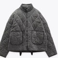 Women 2024 Autumn Stand Collar With Pockets Padded Thin Jacket Long Sleeve Female Outerwear Chic Overshirt