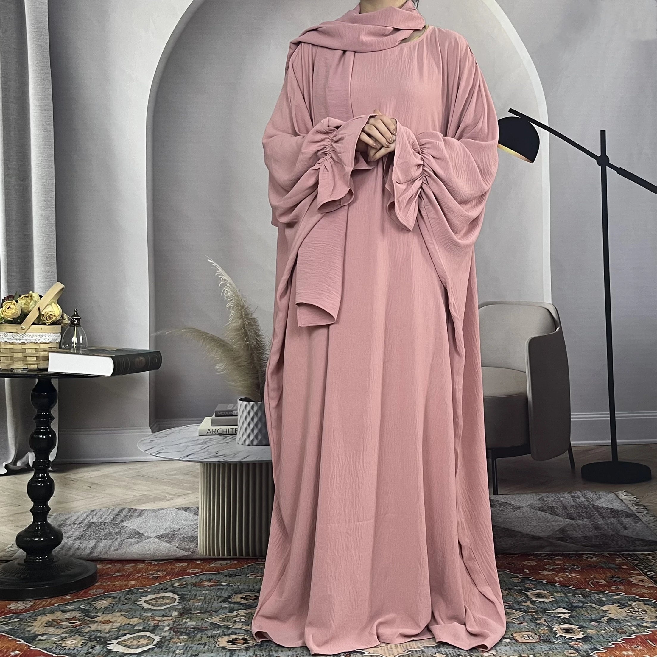 Beautiful Dubai Crepe Full-Length Abaya for Women Modest Khimar Kaftan 2-Piece Set Breathable Islamic Clothing