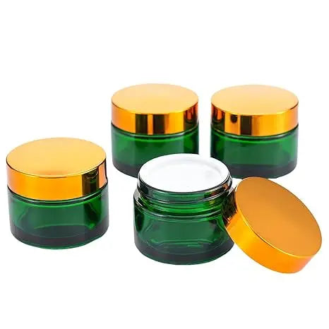 Refilled 1oz 30g Round Green Glass Jars Cosmetics Lotion Containers with Gold Metal Lid