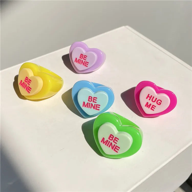 Colorful Y2K Rings Heart HUG ME Acrylic Rings BE MINE Chunky Resin Rings for Women Girls