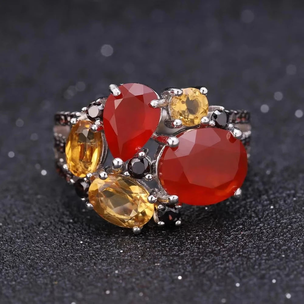 C7645 Abiding Multiple Gemstones Natural Carnelian Red Agate Citrine 925 Silver Sterling Cluster Ring Women Jewelry