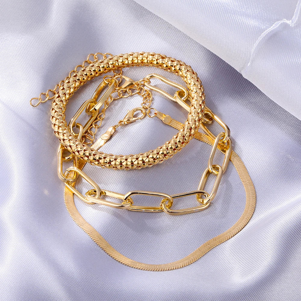 VKME Daily Flat Snake Chain Stacking Bracelet for Women Gold Plated Thin Snake Bone Chain Square Chain Bracelet