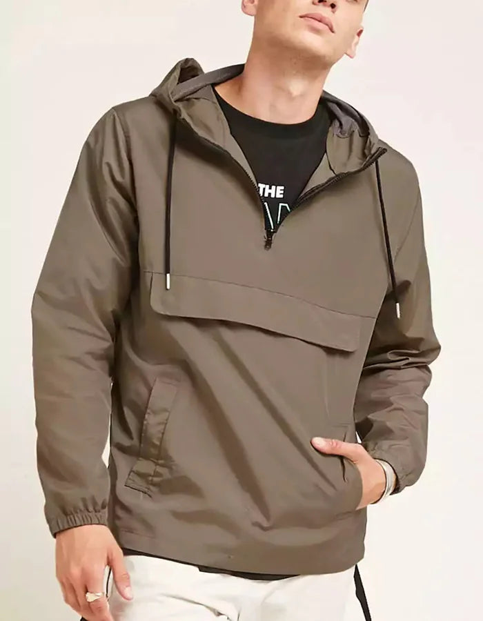 Drawstring Design Waterproof Custom Blank Men Long Sleeve Half Zipper Fake Pocket Sports Top Windbreaker Jacket