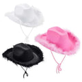 New Pink Western Style Cowgirl Hats for Women Girl Rolled Wedding Fedora Cap Feather Edge Cowboy Hat