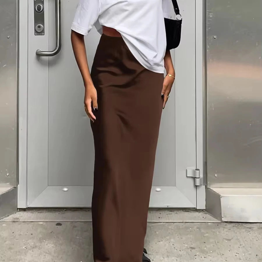 Fashion Women Spring Summer Elegant High Waist Skirt Womens French Satin Drop Fishtail Casual Skirt