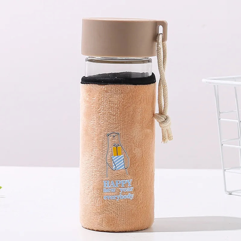 Promotional Printed Cloth Cover Glass Cartoon Cloth Cover High Borosilicate Glass Water Bottle
