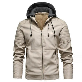 New Winter Warm Leather Hooded Jacket Zipper up Overcoat Long Sleeve Thick Fur Leather Men Coats