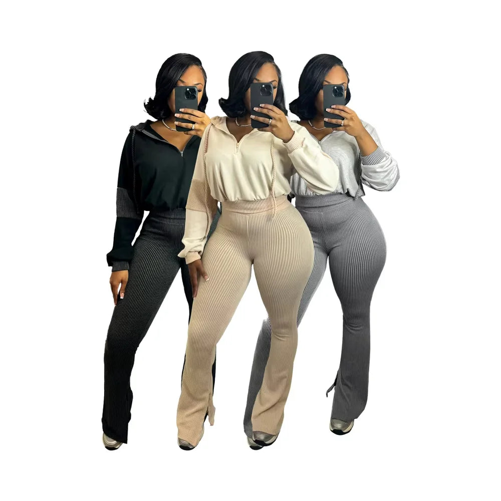 Women's Casual Two-Piece Set Knitting Twisted Stripe Sweatshirt with Stand Collar Hood and Flared Pants for Spring Sports Wear