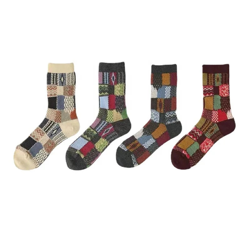 Wholesale Vintage Patchwork Jacquard Socks Men Women Casual Designer Cotton Crew Socks