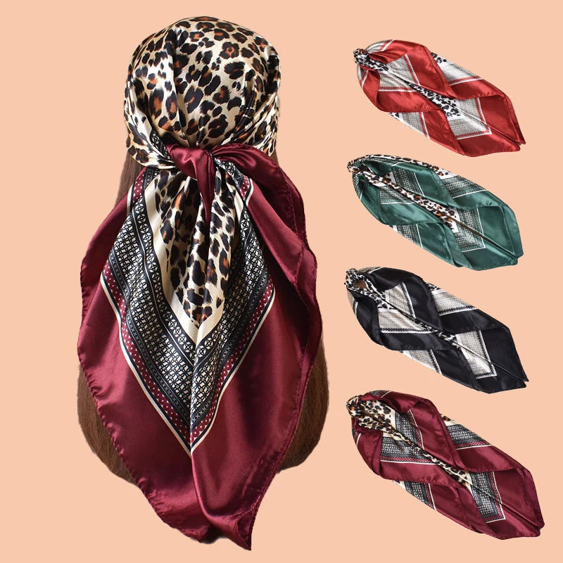 Custom Designed Women's Fashion Polyester Scarf 90*90 Silk Satin Shawl with Leopard Print Bows Polka Dots Plaid Patterns