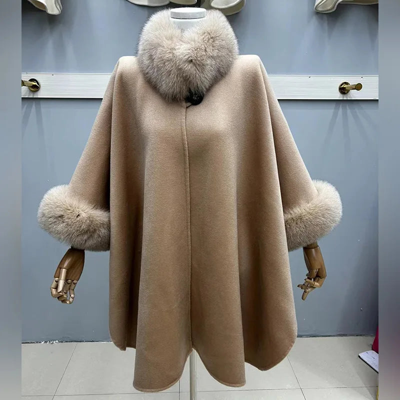 Wholesale Fox Fur Brim Shawl for Woman Winter Ladies Cashmere Wool Knitted Shawl With Fluffy Collar Capes Real Fox Fur Poncho
