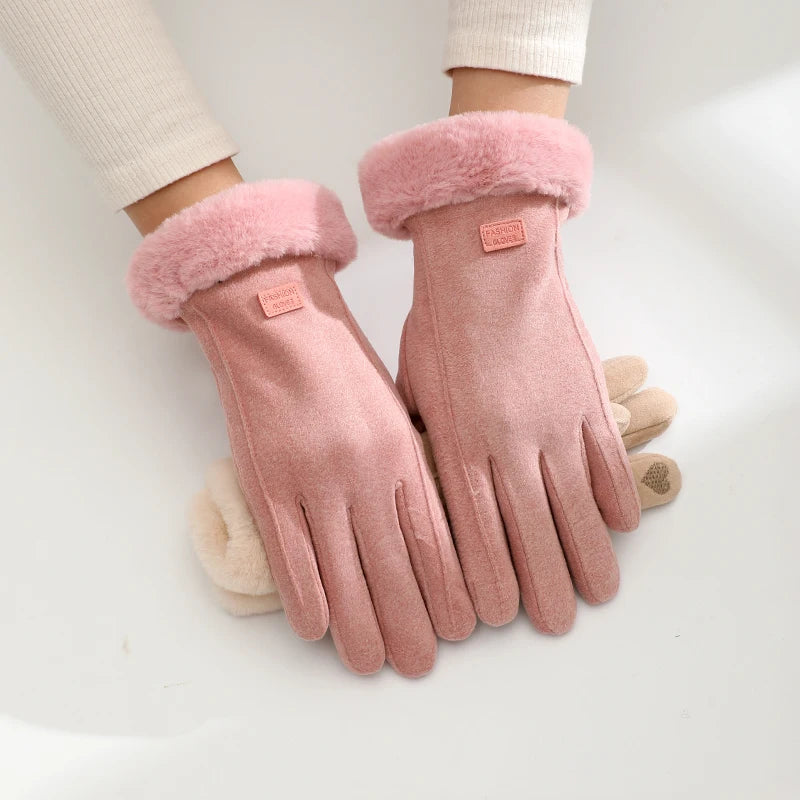 Women Winter Warm Suede Leather Gloves Fleece Lined Touch Screen Driving Gloves