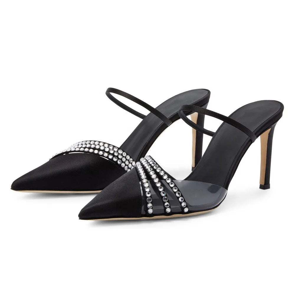 Party Black Satin Patchwork PVC Crystal Stilettos Heel Pointed Toe Ladies Pumps Heels Slingbacks Women Plus Size Shoes