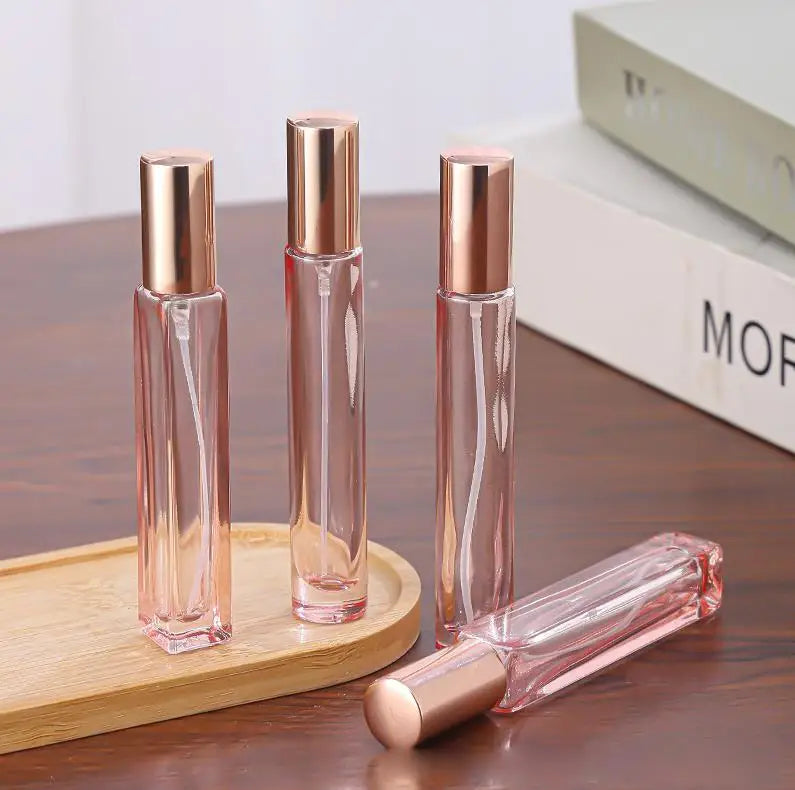 Portable 10ml Pink Glass Perfume Bottle Square & round Design with Fine Mist Spray & Pump Atomizer for Travel