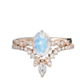 925 Sterling Silver Unique Curved Marquise Cut CZ Wedding Band 2PCS Oval Cut Moonstone Engagement Ring Set
