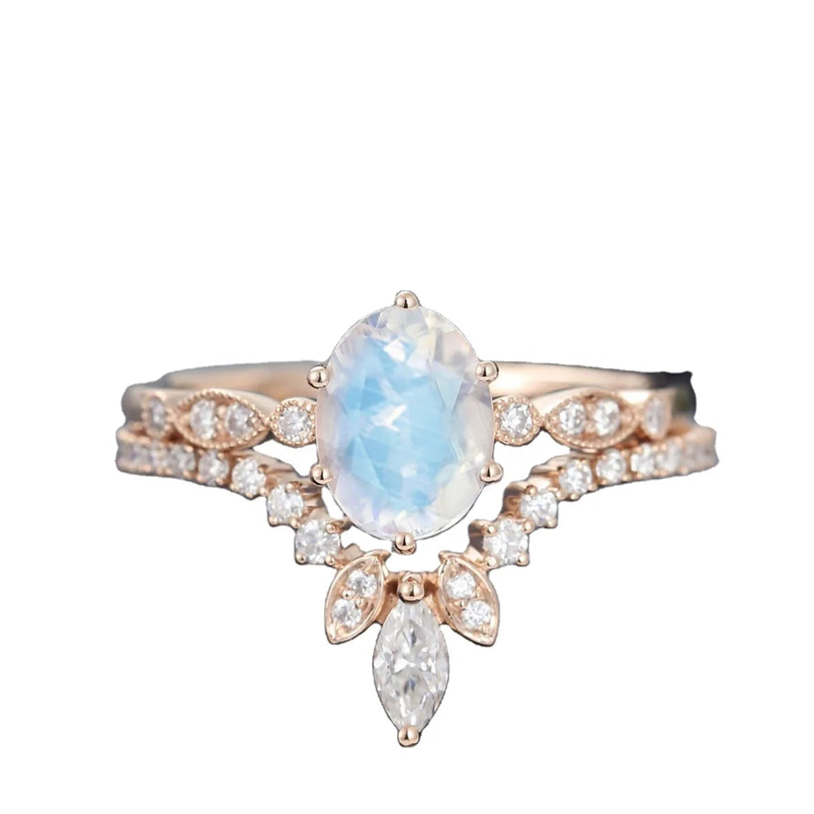 925 Sterling Silver Unique Curved Marquise Cut CZ Wedding Band 2PCS Oval Cut Moonstone Engagement Ring Set