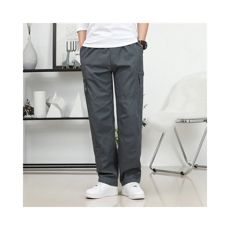 Men's Classic Baggy Pants With Multiple Pockets Designer Cotton Chino Washed Woven Trouser Solid Pants