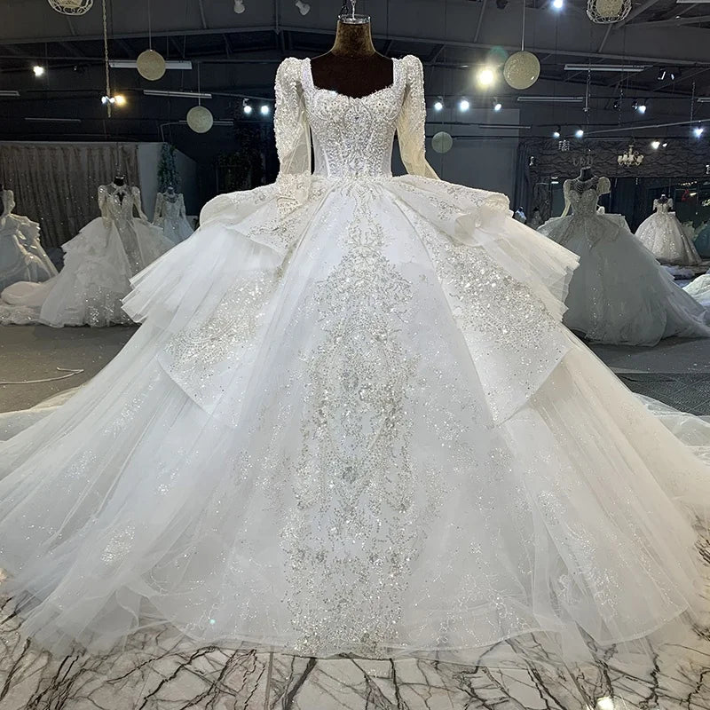 Jancember MN138 Modern Chic Full Sleeves Ivory Backless Square Collar Pleat Wedding Dress
