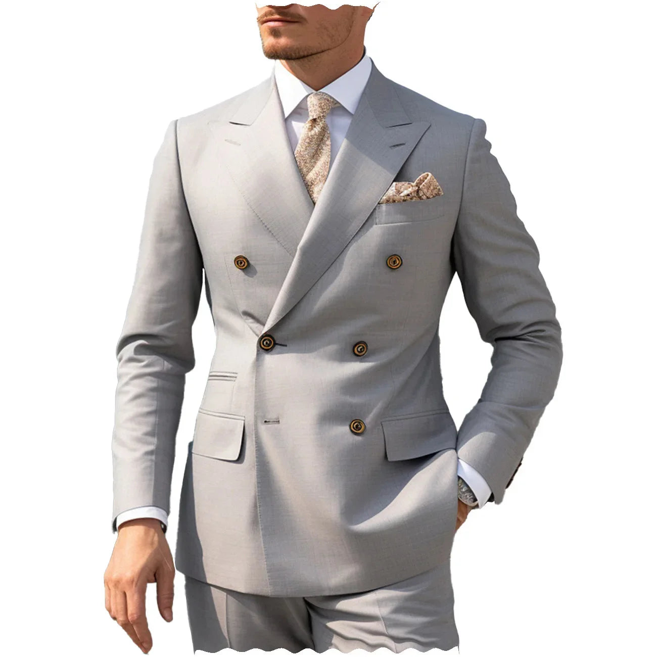 Casual Silver Men's Business Tuxedo Suits 2 Piece Regular Fit Peaked Lapel Double Breasted Jacket+Pants for Prom Party Wedding