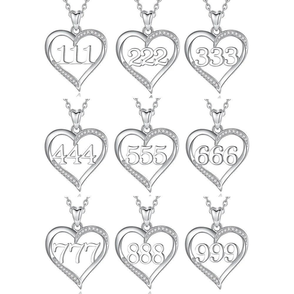 925 Sterling Silver Heart Shaped 111 222 333 444 555 666 777 888 999 Angel Number Pendant Necklace for Women