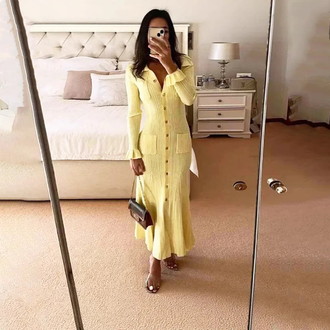 2025 Spring Summer Women's Slim-Fit Single-Breasted Knitted Cardigan Dress Long-Sleeved Lapel Cross-Border Europe United States