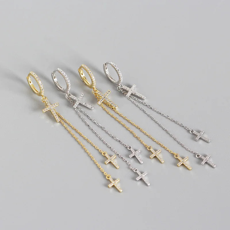 Unique Design Jewelry 925 Sterling Silver Long Tassel Earrings Cross Pendant Hoop Earrings for Women 18K Gold Plated