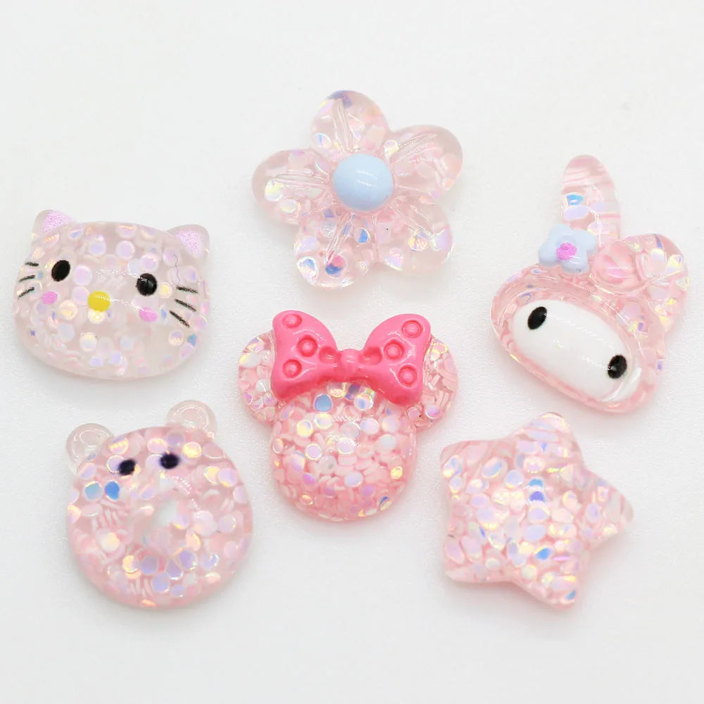 100pcs Cute Glitter Pink Resin Flat Back Star Flower Bear Rabbit Cartoon Animal Flatback Cabochons DIY Hair Clip Decoration